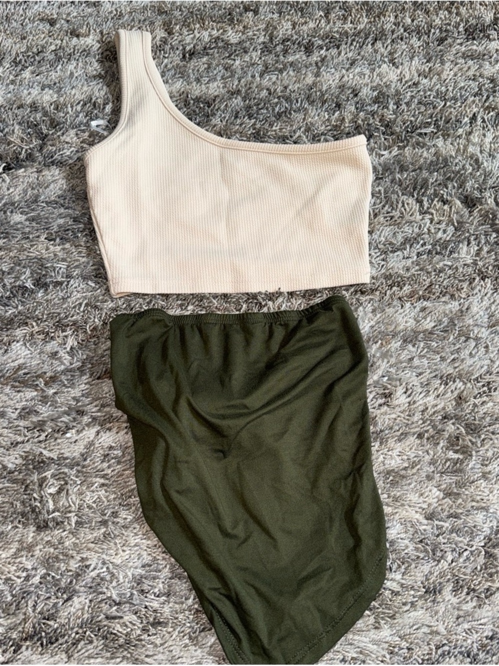 One-Shoulder Ribbed Crop Top & High-Waist Bottoms Set - Cream Top / Olive Bottom